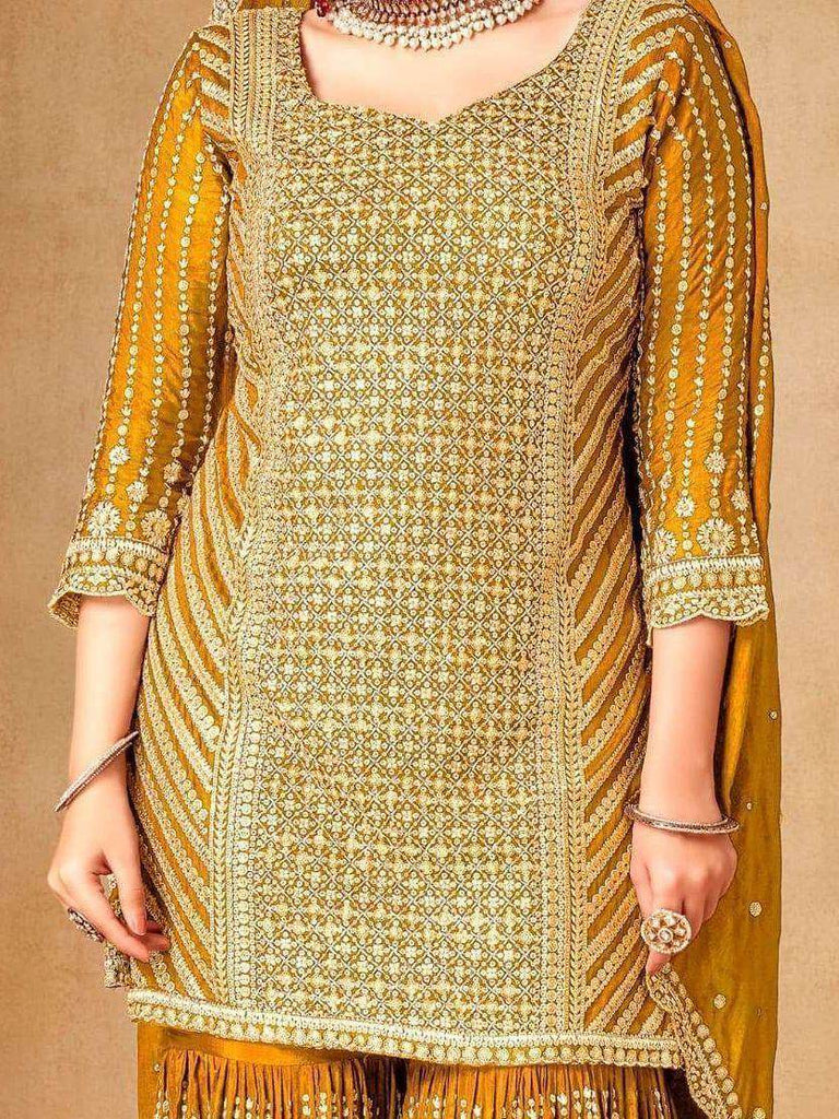 Fascinating Mustard Yellow Sequins Chinon Sharara Suit With Dupatta