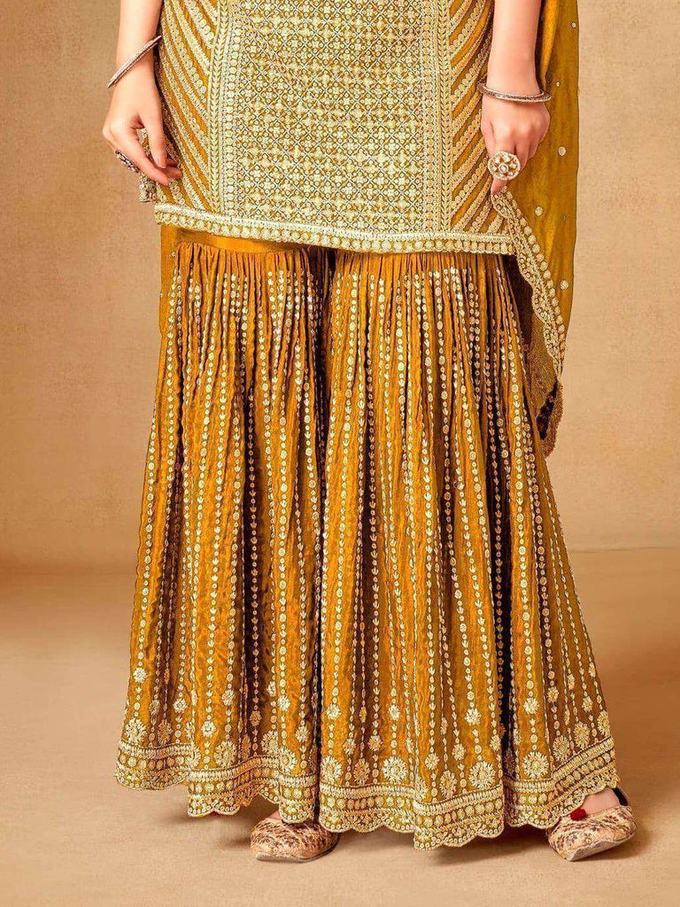 Fascinating Mustard Yellow Sequins Chinon Sharara Suit With Dupatta