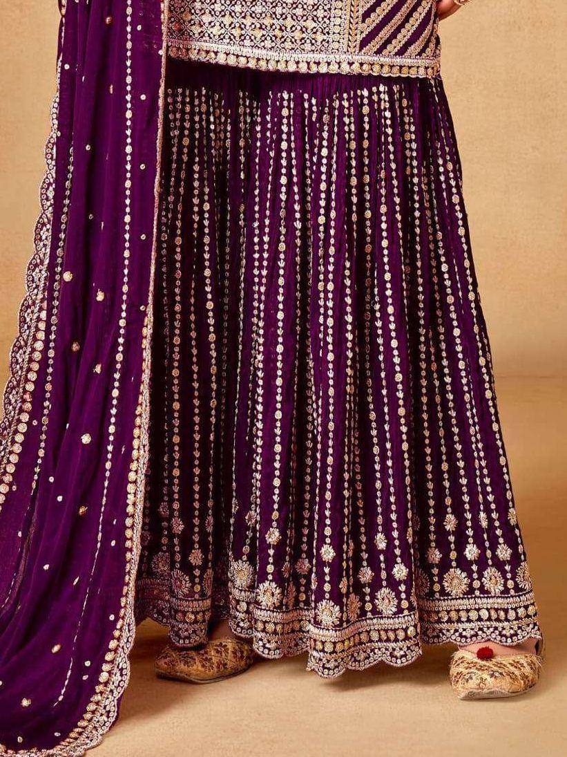 Purple embroidered lehenga choli with gold detailing and matching dupatta