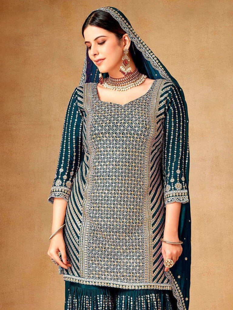 Bewitching Teal Green Sequins Chinon Reception Wear Sharara Suit