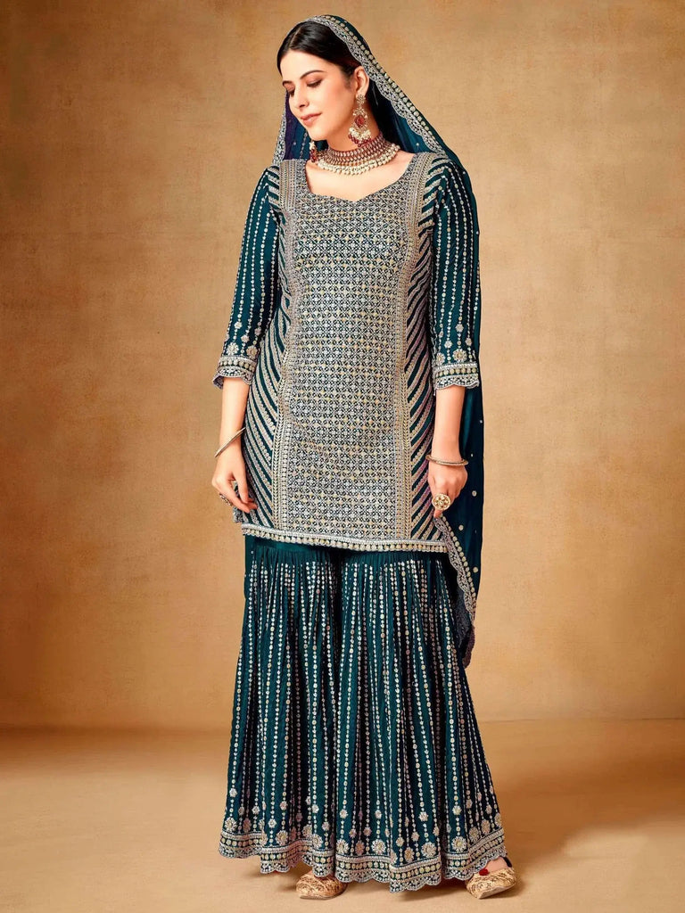 Bewitching Teal Green Sequins Chinon Reception Wear Sharara Suit