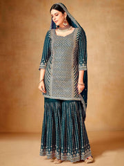 Bewitching Teal Green Sequins Chinon Reception Wear Sharara Suit