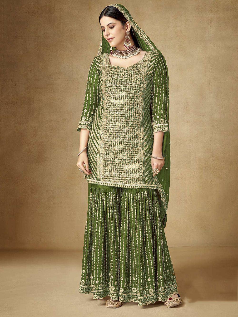 Green embroidered salwar kameez with dupatta, Indian ethnic wear for women
