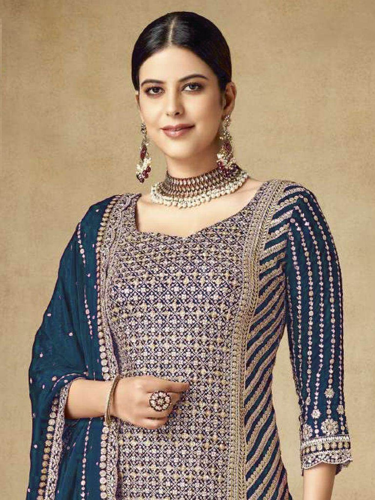 Fascinating Blue Sequins Chinon Wedding Sharara Suit With Dupattta