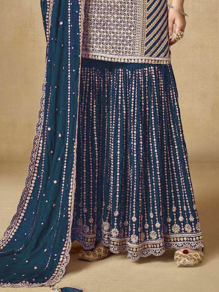 Fascinating Blue Sequins Chinon Wedding Sharara Suit With Dupattta