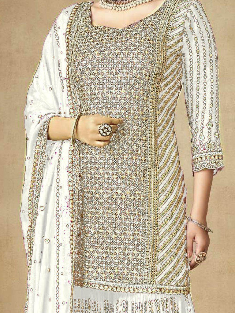 Captivating White Sequins Chinon Sharara Suit With Dupattta