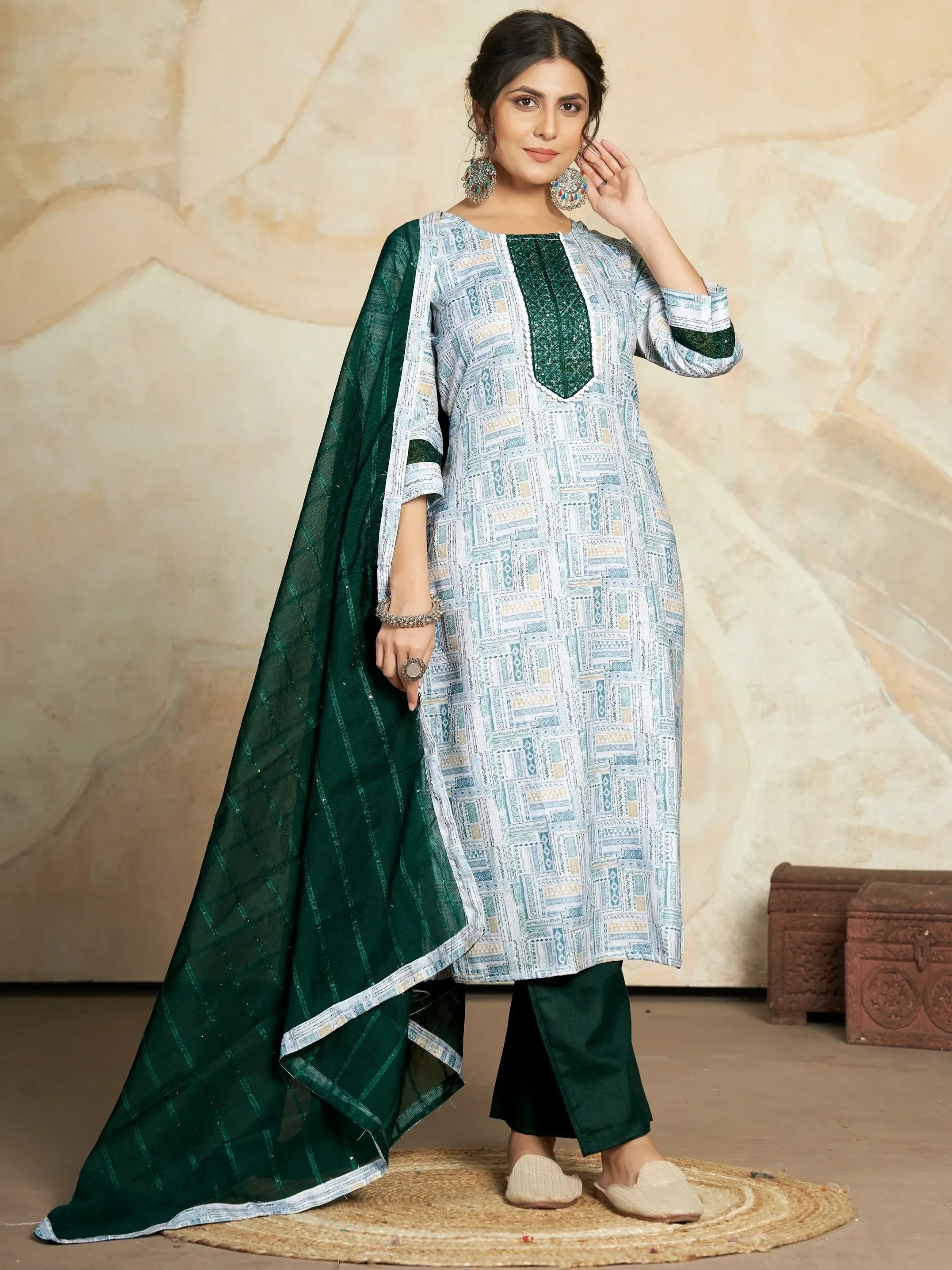 Woman in a green and white printed salwar kameez with dupatta, traditional ethnic wear