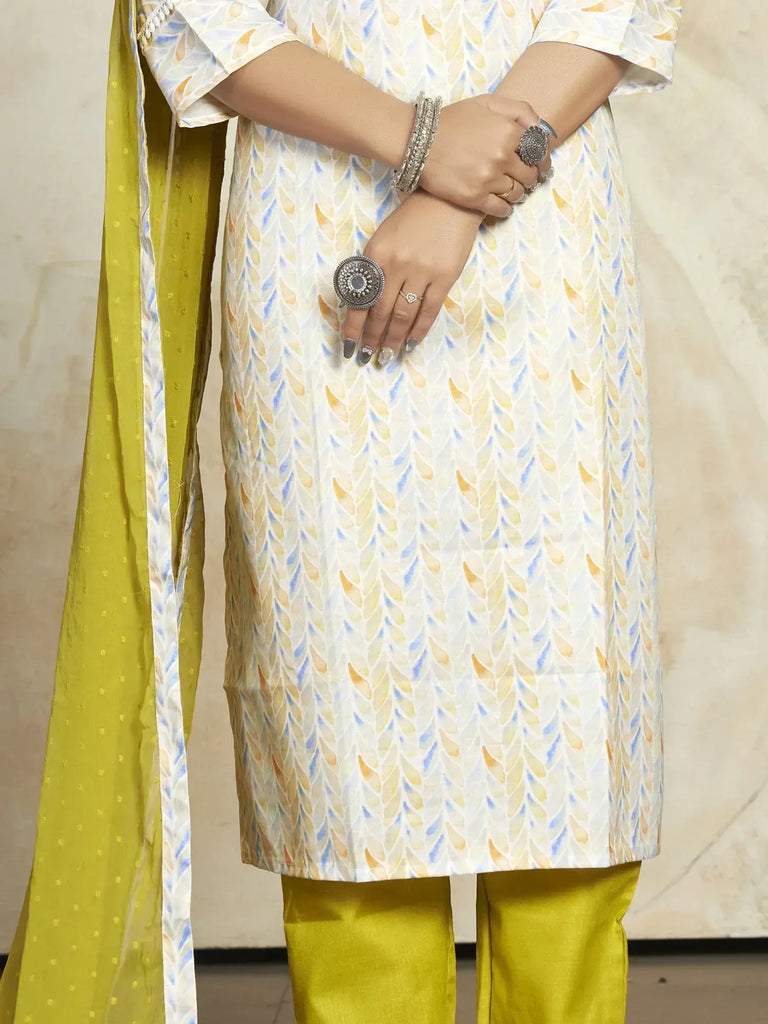 Bewitching White & Yellow Digital Printed Cotton Pant Suit With Dupatta