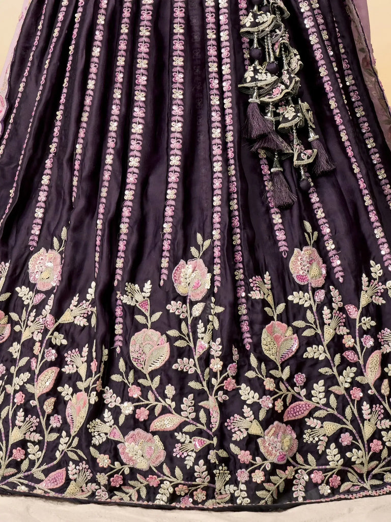 Gorgeous Purple Sequins Satin Wedding Lehenga Choli With Dupatta
