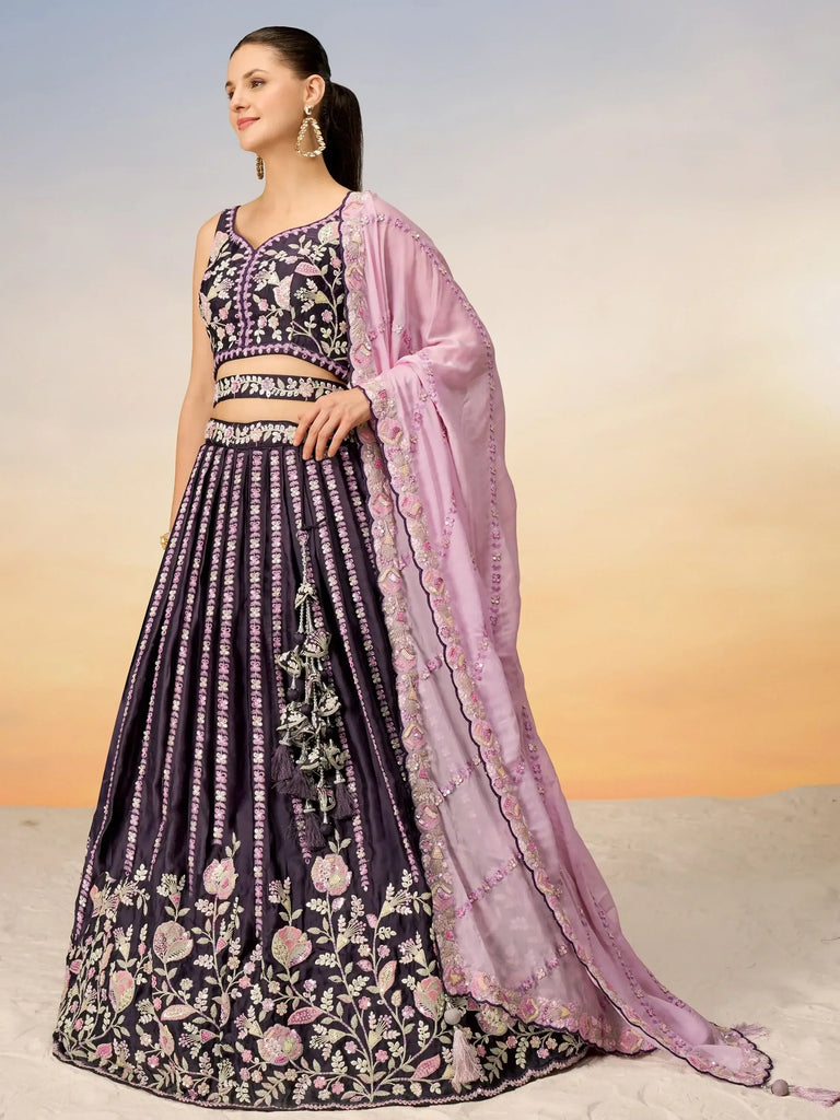 Gorgeous Purple Sequins Satin Wedding Lehenga Choli With Dupatta