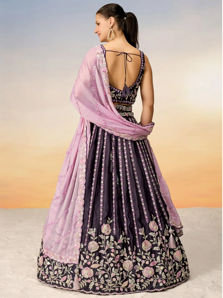 Gorgeous Purple Sequins Satin Wedding Lehenga Choli With Dupatta