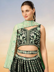 Stunning Green Embroidered Satin Mehendi Wear Lehenga Choli