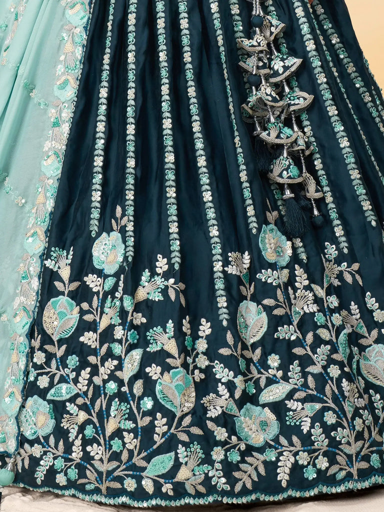 Incredible Teal Blue Sequins Satin Sangeet Wear Lehenga Choli