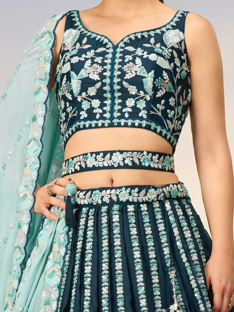 Incredible Teal Blue Sequins Satin Sangeet Wear Lehenga Choli