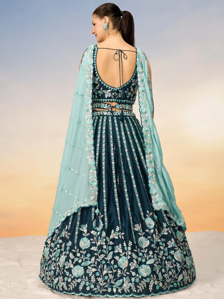Incredible Teal Blue Sequins Satin Sangeet Wear Lehenga Choli