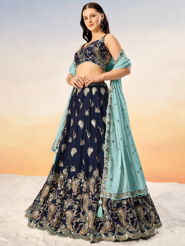Beautiful Navy Blue Sequins Georgette Function Wear Lehenga Choli