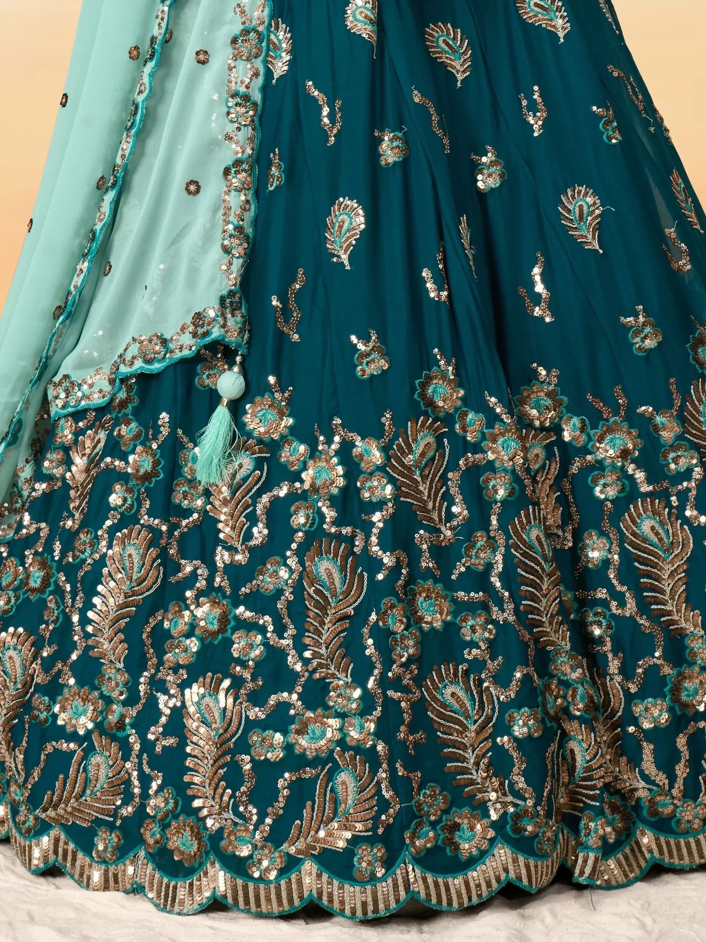 Teal lehenga with gold sequin embroidery and matching dupatta, Indian ethnic wear