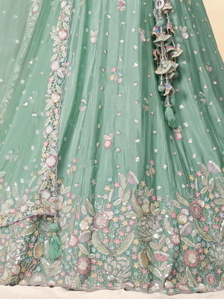 Beautiful Sea Green Sequins Chiffon Reception Wear Lehenga Choli