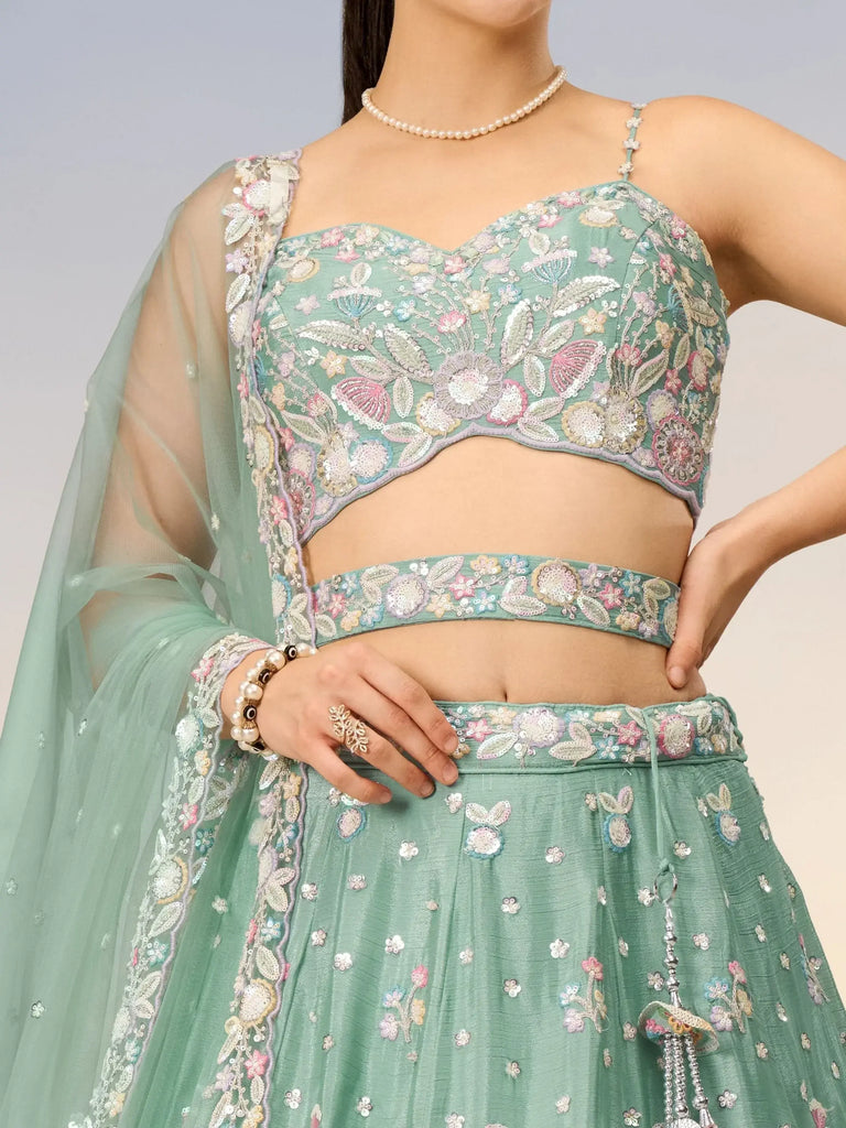Beautiful Sea Green Sequins Chiffon Reception Wear Lehenga Choli