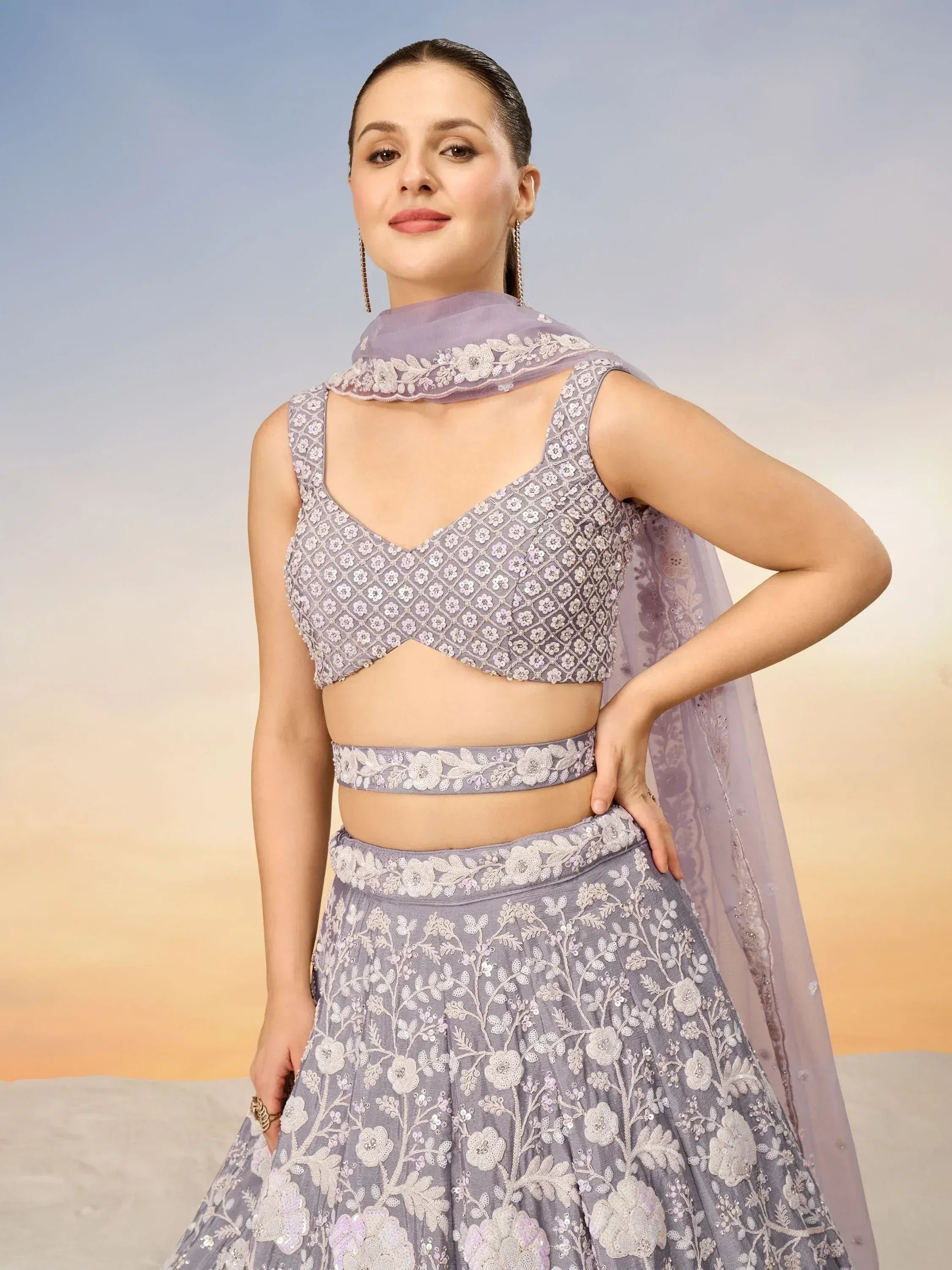Lavender embroidered lehenga choli with floral sequin work and matching dupatta for Indian ethnic wear