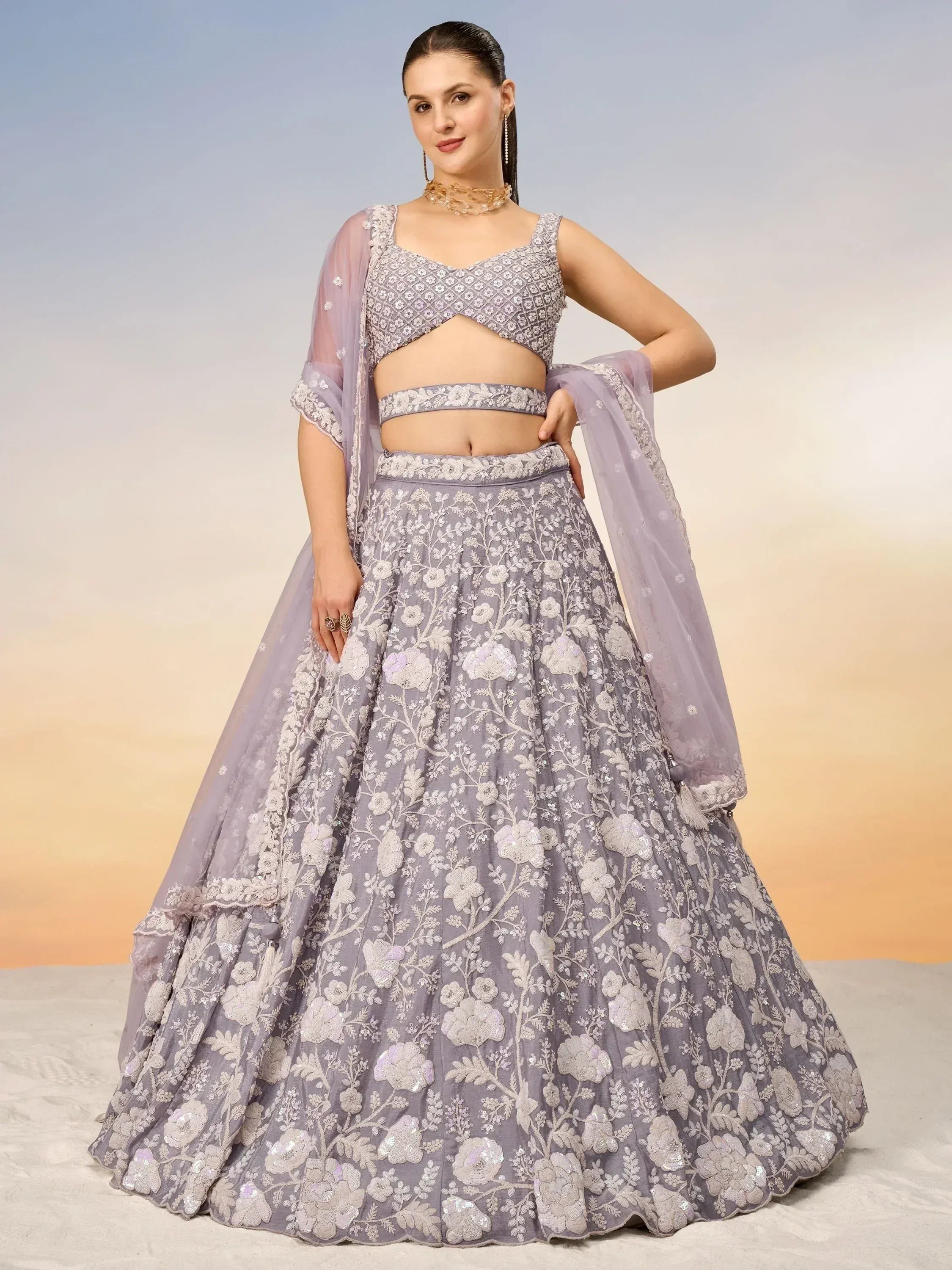 Lavender floral embroidered lehenga choli with sheer dupatta, perfect for Indian ethnic occasions