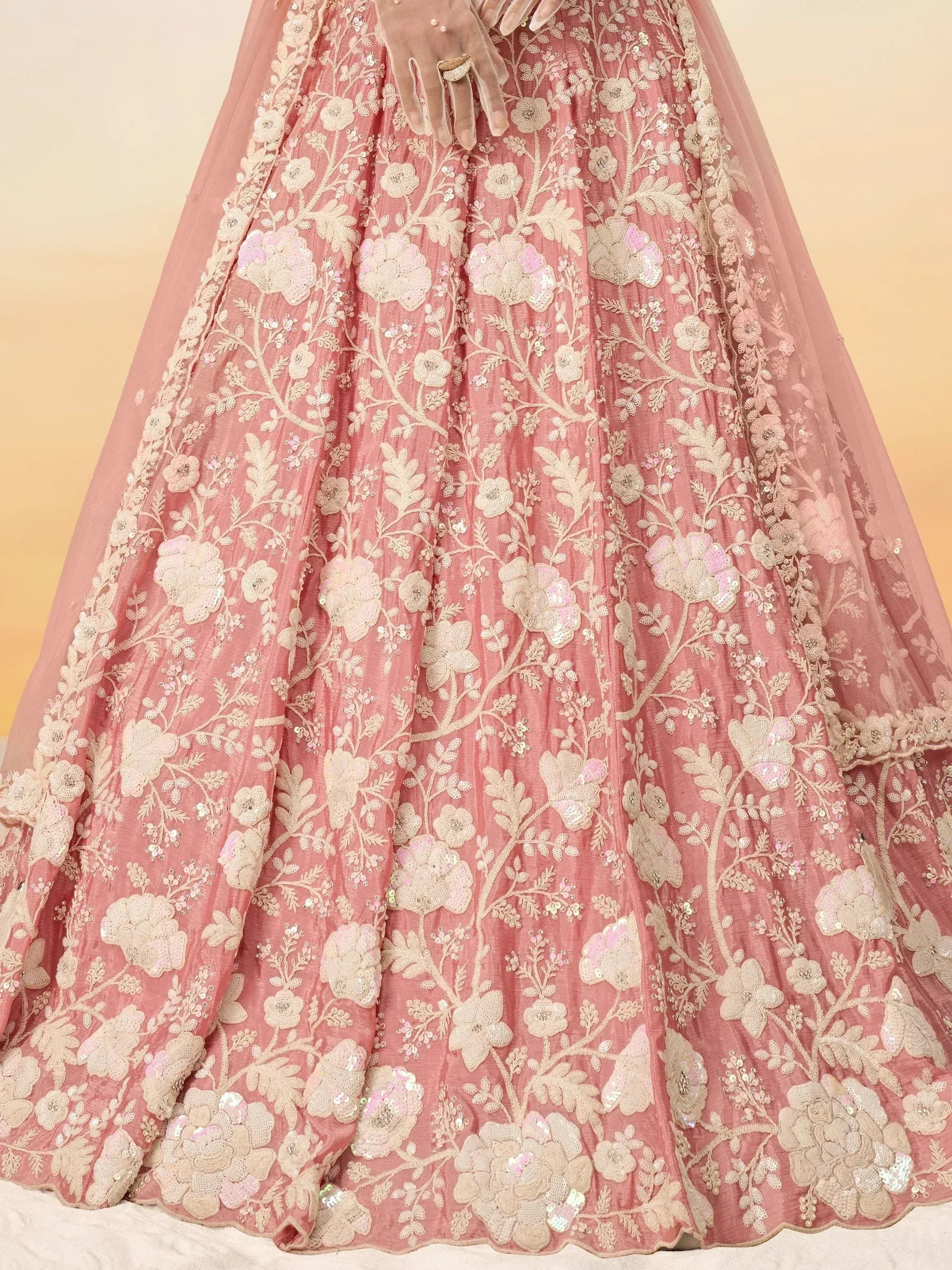 Pink floral embroidered lehenga with sequin detailing, perfect for Indian ethnic wear occasions
