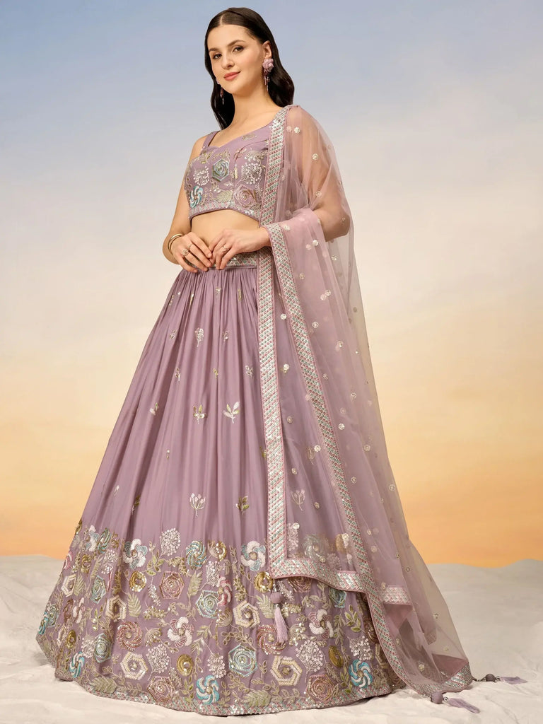 Beautiful Mauve Sequins Georgette Sangeet Wear Lehenga Choli