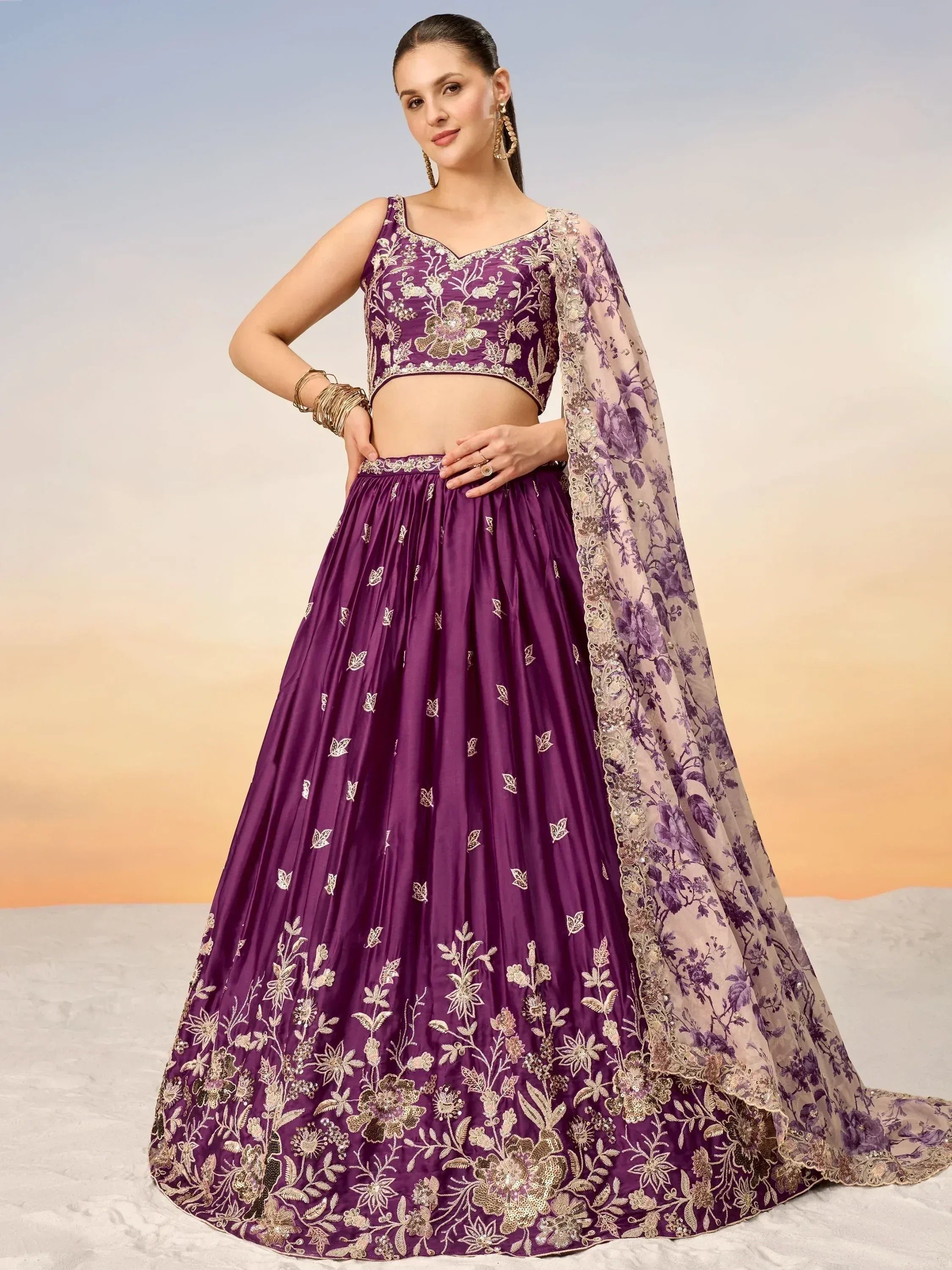 Purple embroidered lehenga choli with floral dupatta, Indian ethnic wear for weddings and festivals