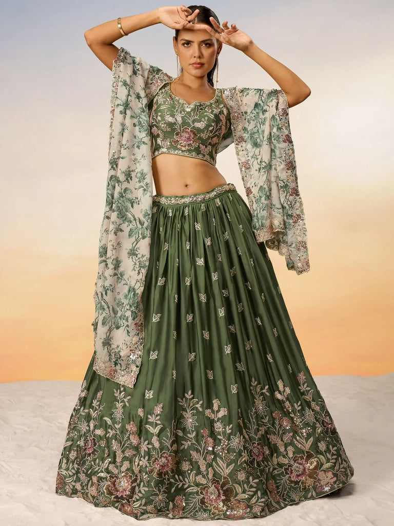 Adorable Olive Green Embroidered Chiffon Mehendi Wear Lehenga Choli