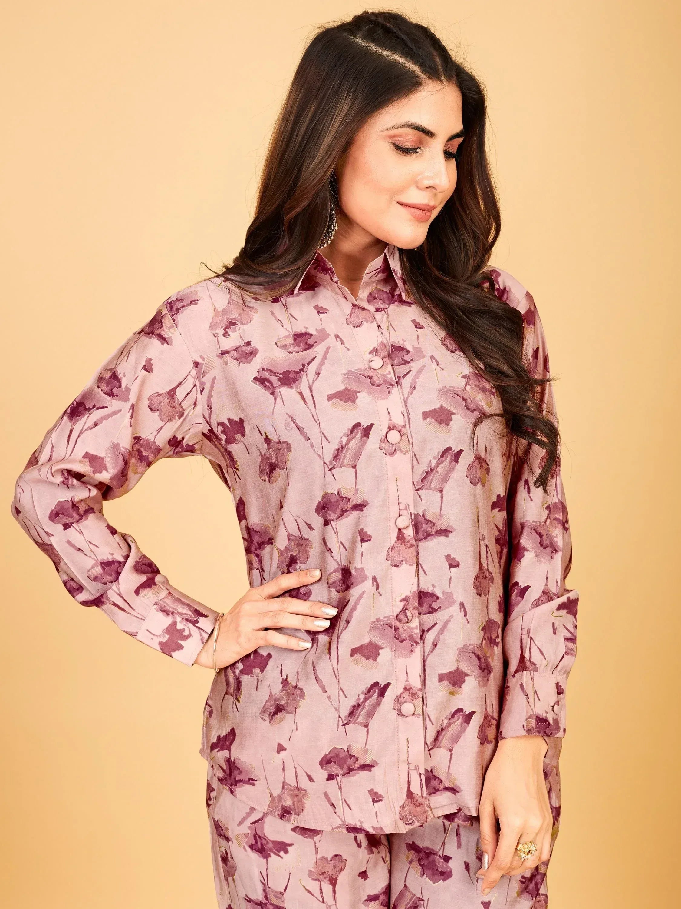 Pink floral print ethnic kurta set with button front and long sleeves, perfect for casual wear