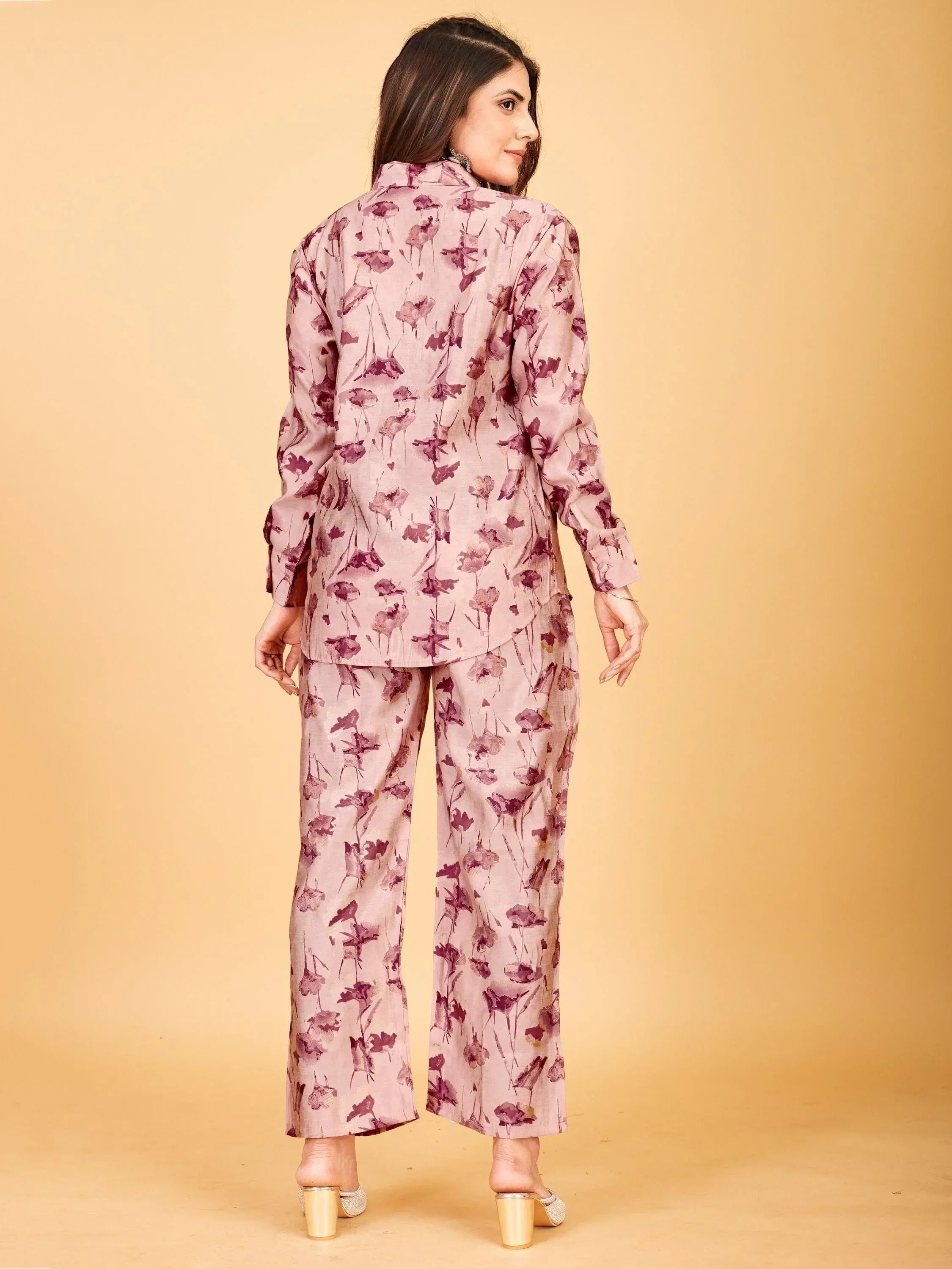 Floral print ethnic pantsuit with long sleeves and wide-leg trousers, perfect for stylish Indian wear