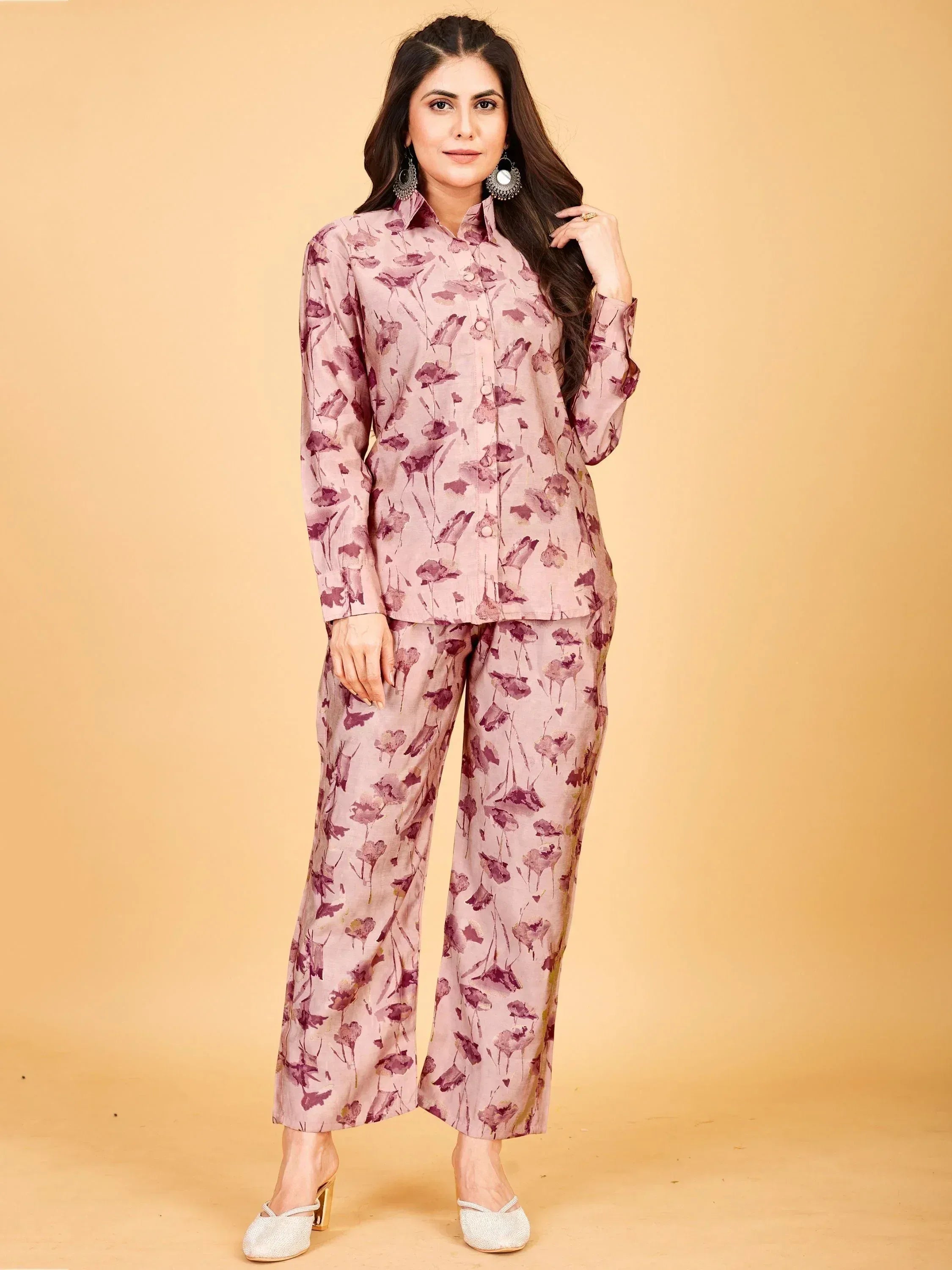 Pink floral print ethnic kurta set with palazzo pants, stylish Indian wear for women