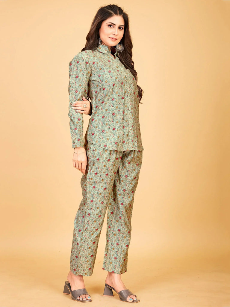Spectacular Pastel Green Digital Printed Satin Top Pant Co-Ord Set