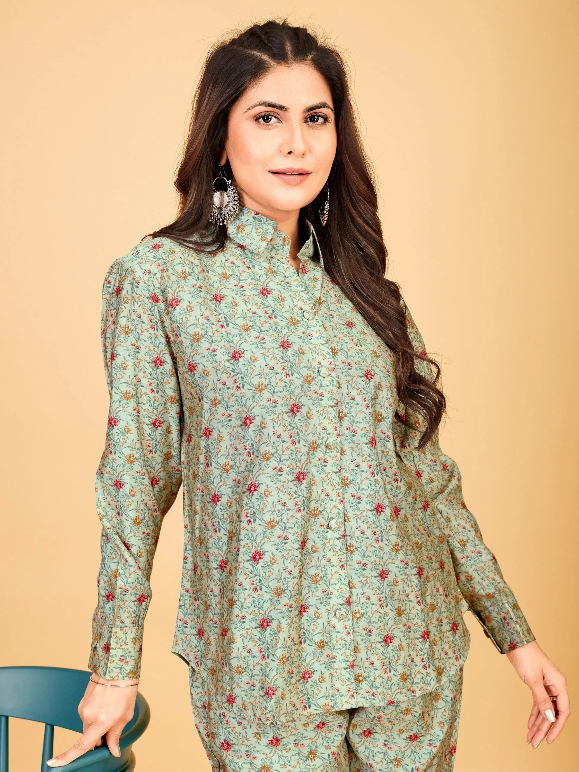 Floral print salwar kameez in mint green, Indian ethnic wear with long sleeves and mandarin collar