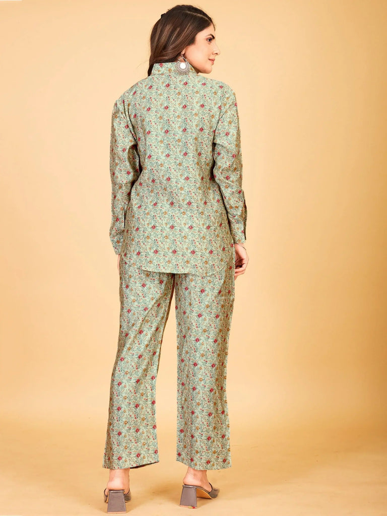 Spectacular Pastel Green Digital Printed Satin Top Pant Co-Ord Set
