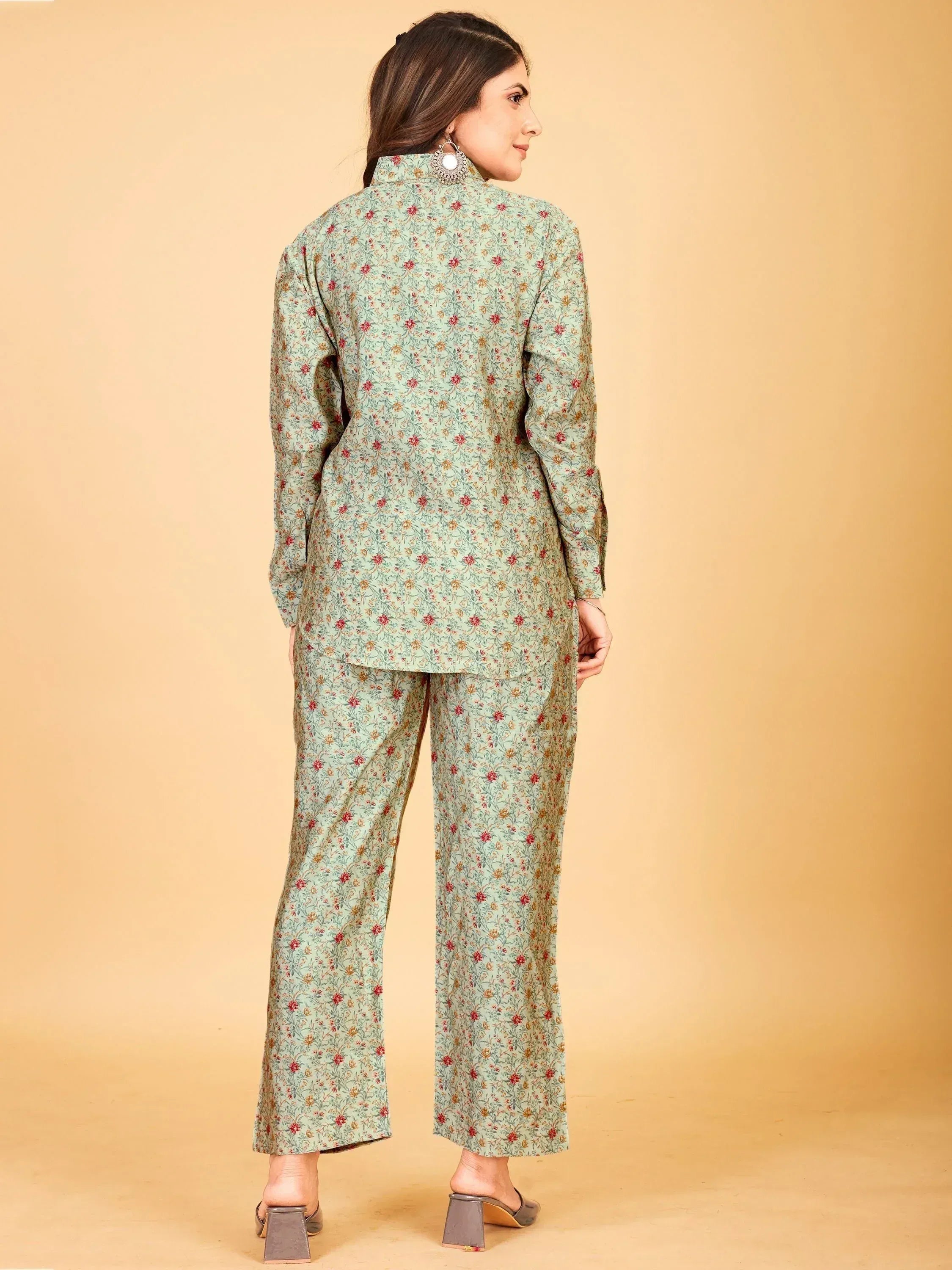 Floral print ethnic salwar kameez set in mint green, perfect for casual wear