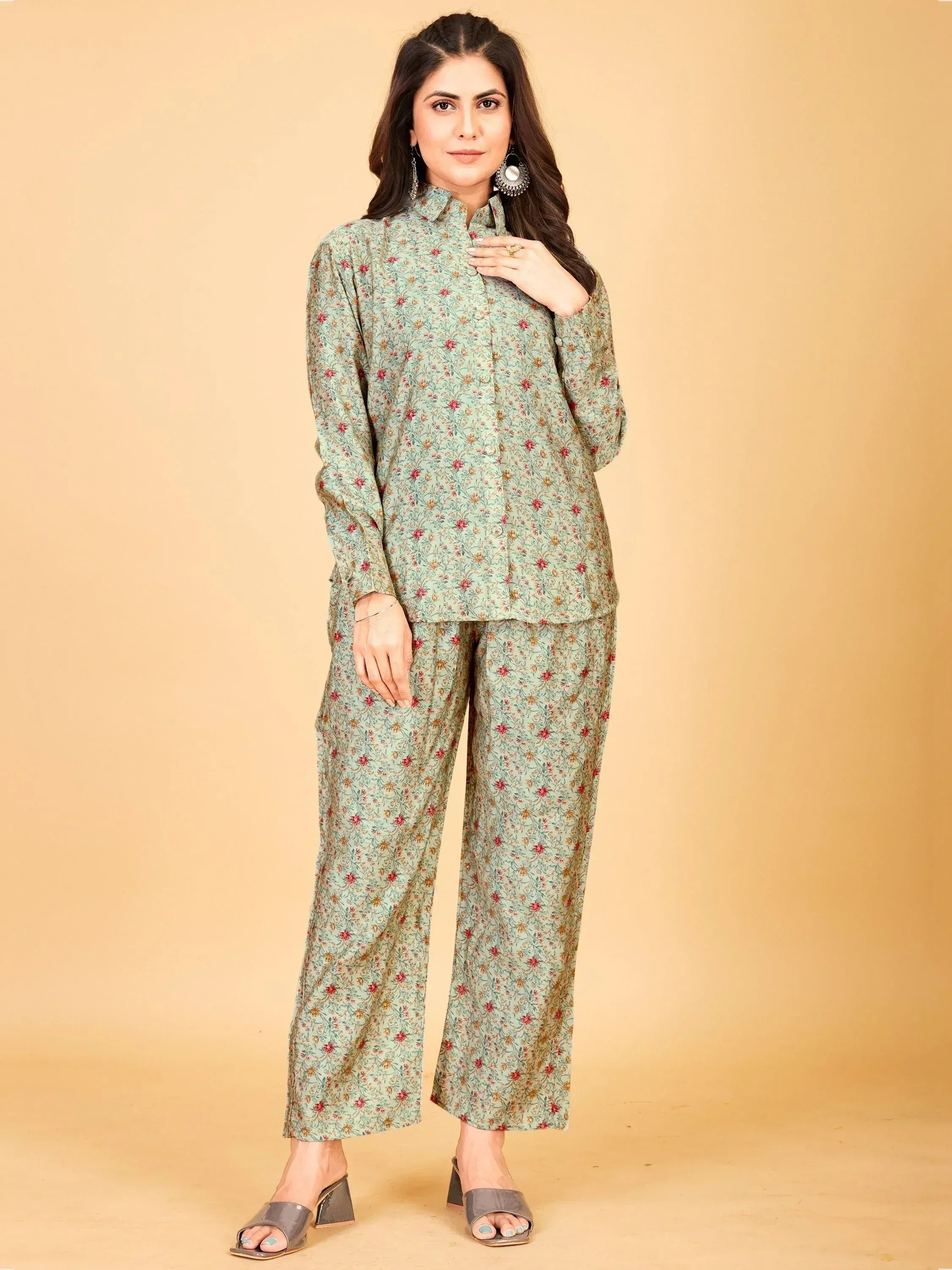 Floral print salwar kameez set with mint green kurta and palazzo pants, perfect for ethnic wear