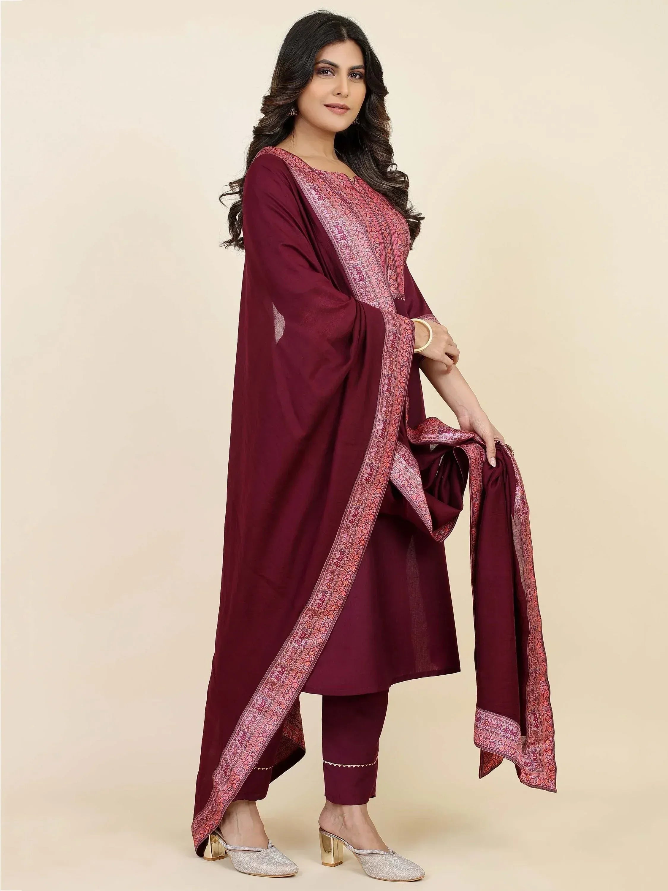 Maroon ethnic salwar kameez with printed dupatta, perfect for Indian festive occasions