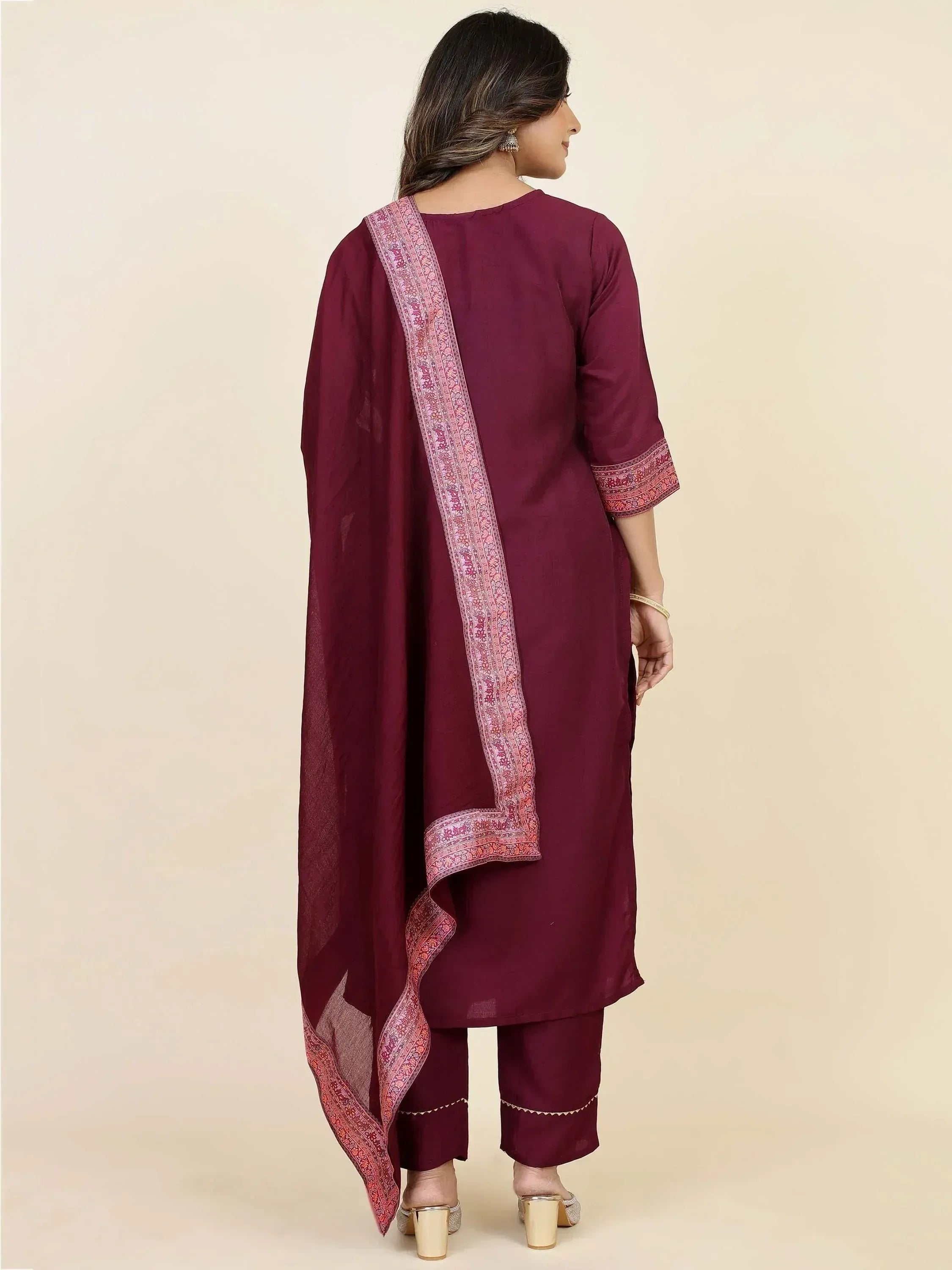 Maroon ethnic salwar kameez with printed dupatta, perfect for Indian occasions and festive wear