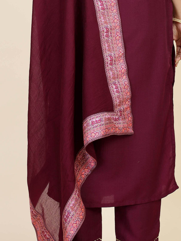 Glamorous Maroon Digital Printed Chinon Festival Wear Pant Suit