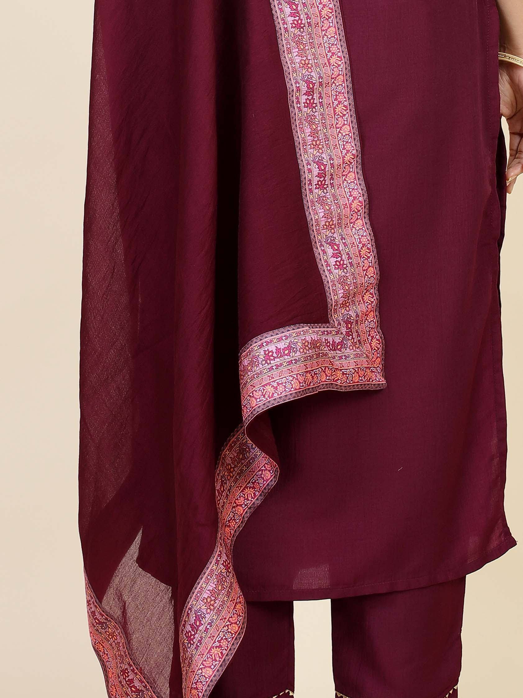 Maroon ethnic salwar kameez with floral printed dupatta, perfect for Indian traditional wear