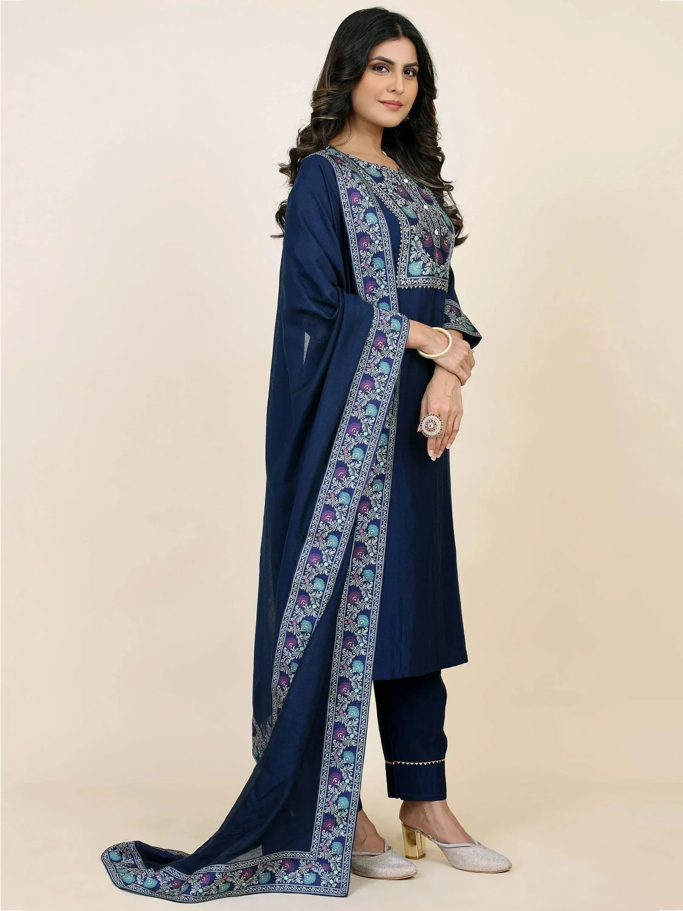 Navy blue embroidered salwar kameez with floral dupatta, Indian ethnic wear for women