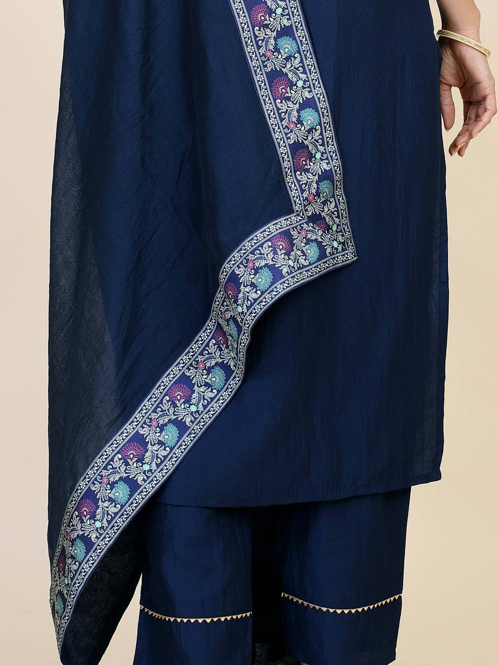 Navy blue ethnic salwar kameez with floral embroidered dupatta and gold trim detailing