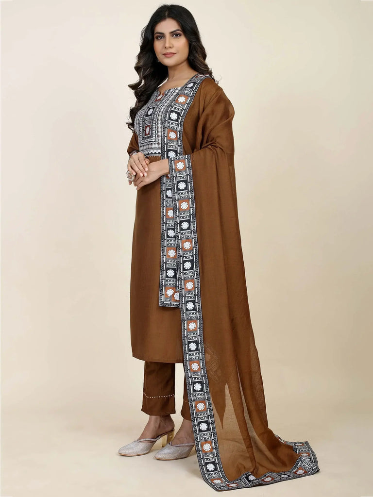 Magnetic Brown Digital Printed Chinon Pant Suit With Dupatta