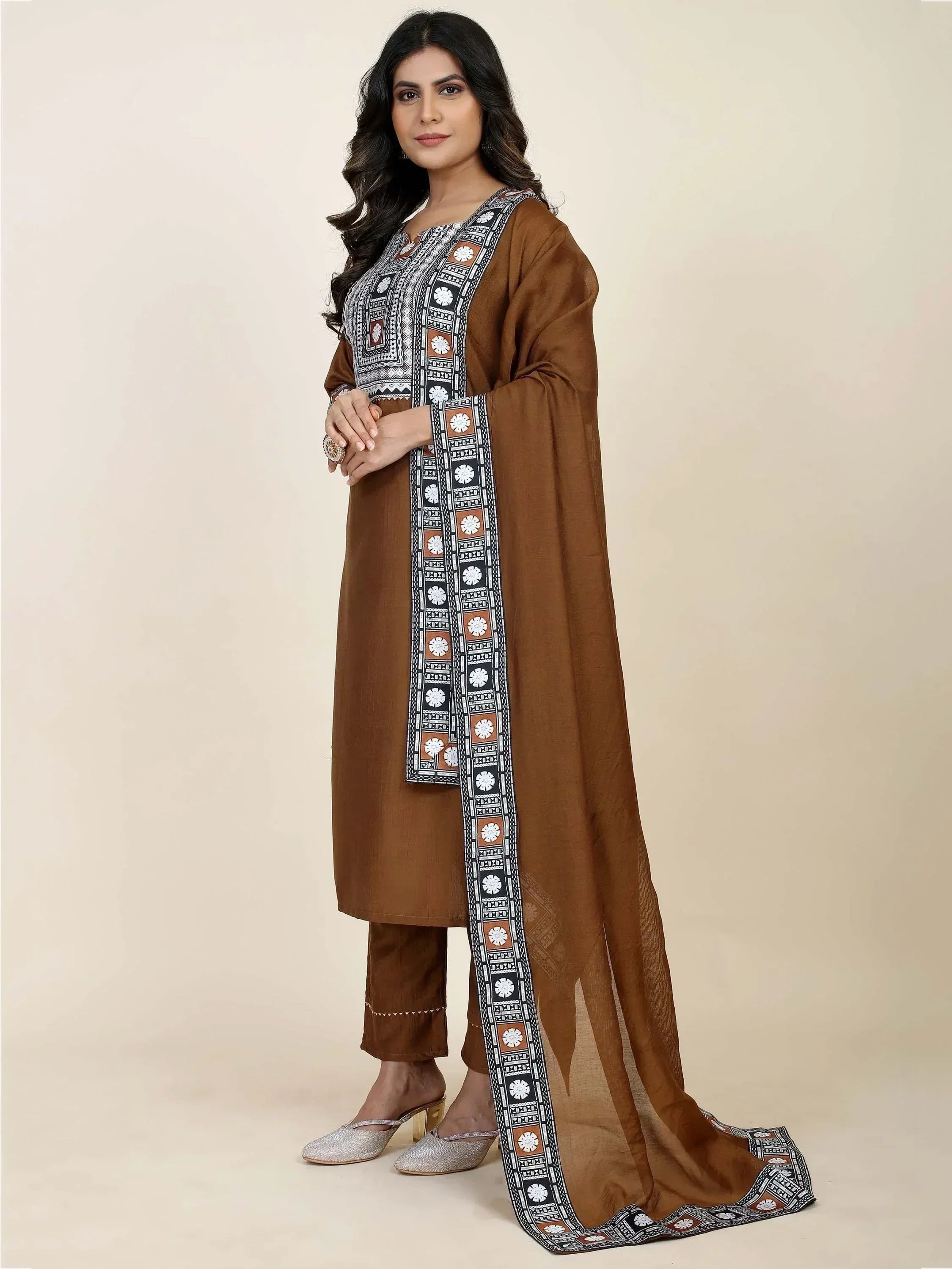 Brown ethnic salwar kameez with printed dupatta, perfect for Indian wear