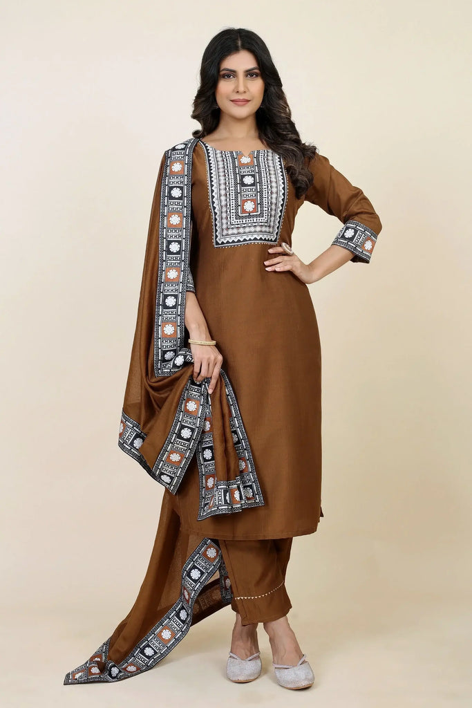 Magnetic Brown Digital Printed Chinon Pant Suit With Dupatta