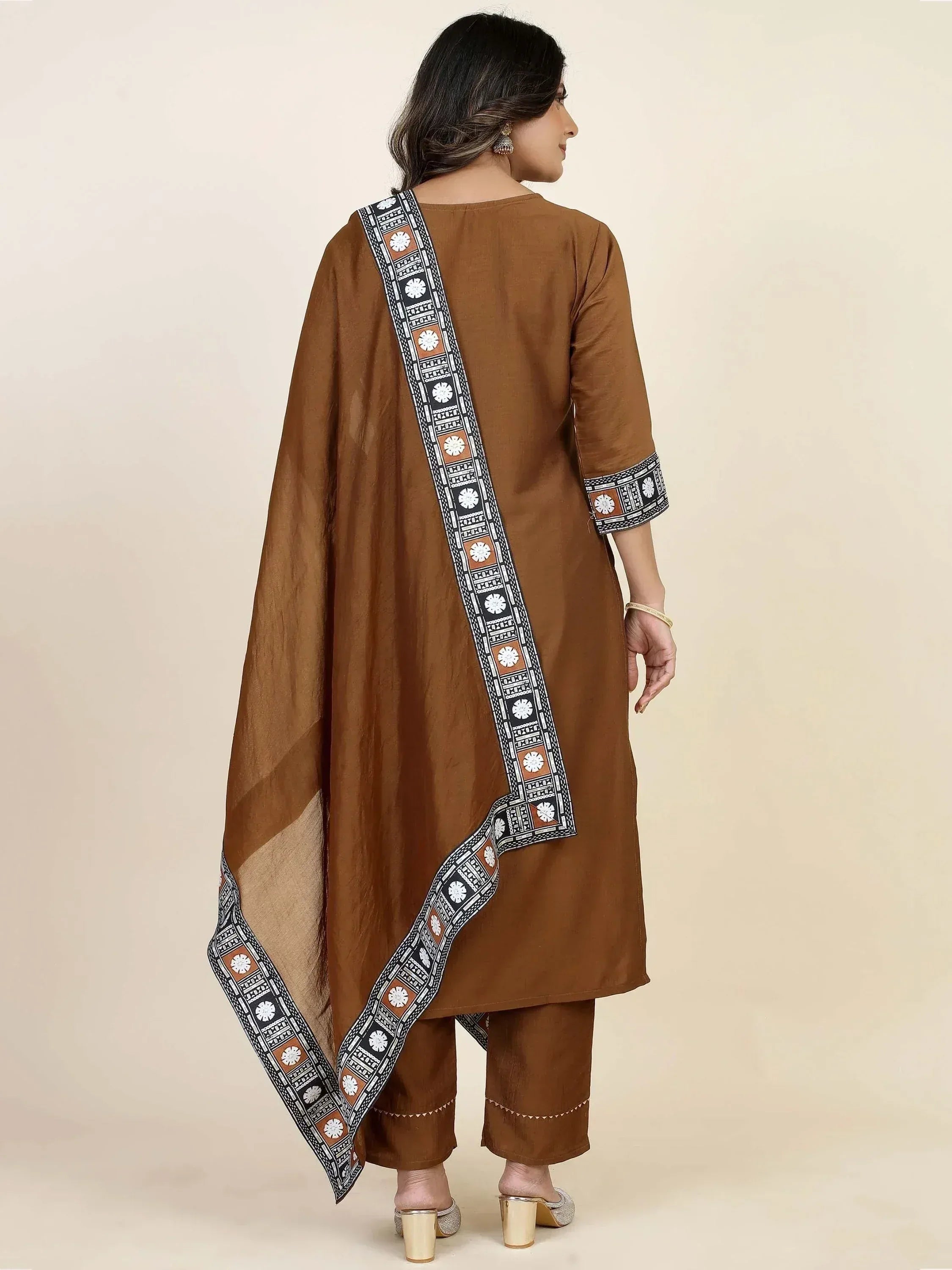 Brown ethnic salwar kameez with printed dupatta and matching pants