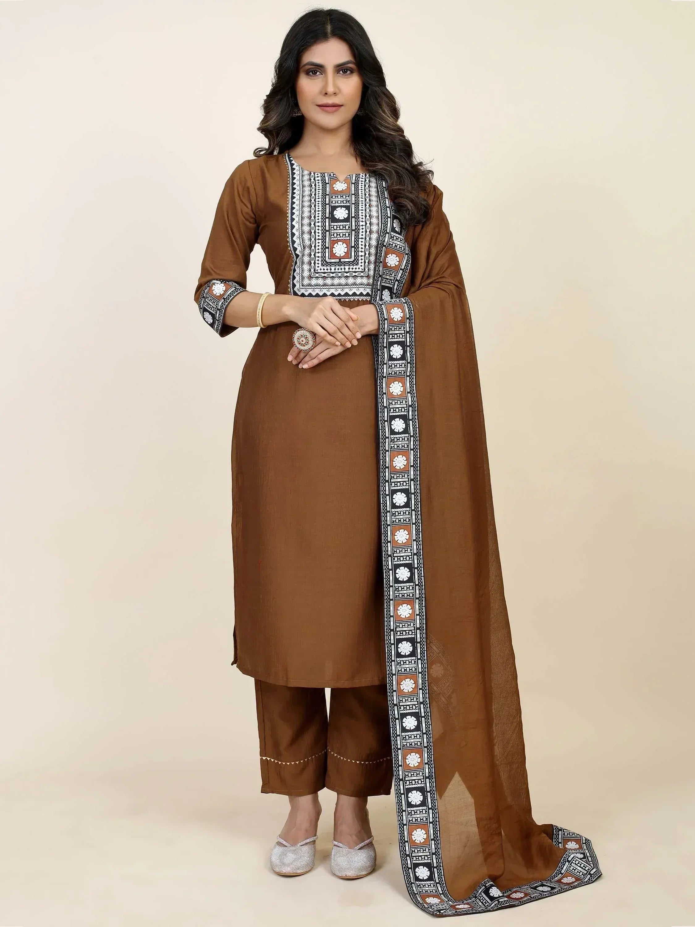 Brown ethnic kurta set with printed dupatta, perfect for Indian wear occasions