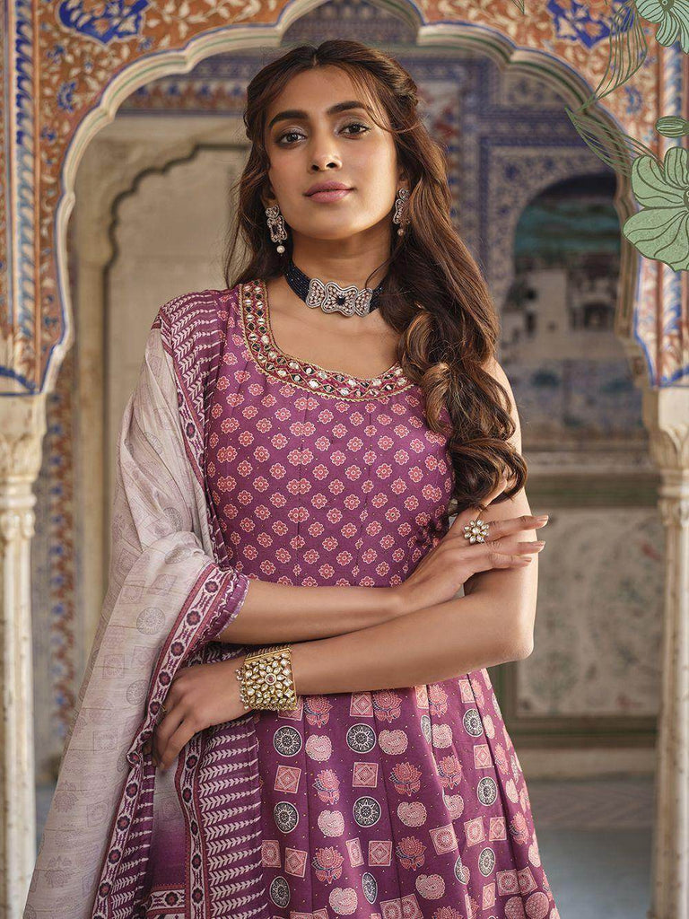 Incredible Purple Digital Printed Dola Silk Event Wear Gown With Dupatta