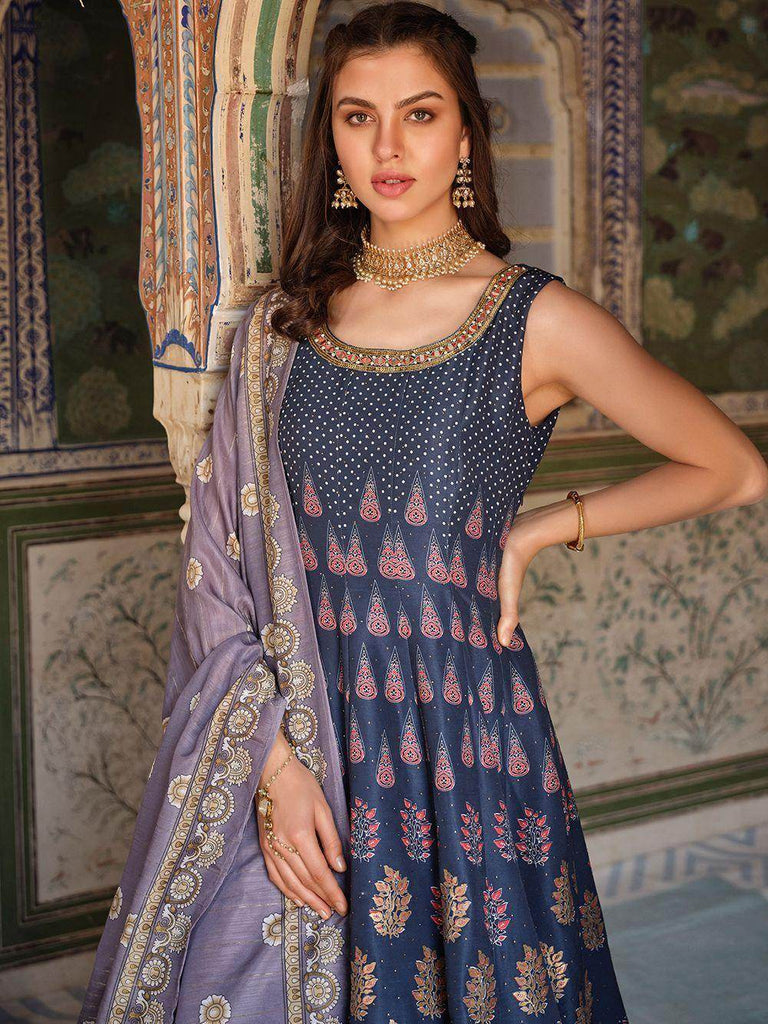 Marvelous Blue Digital Printed Dola Silk Traditional Gown With Dupatta